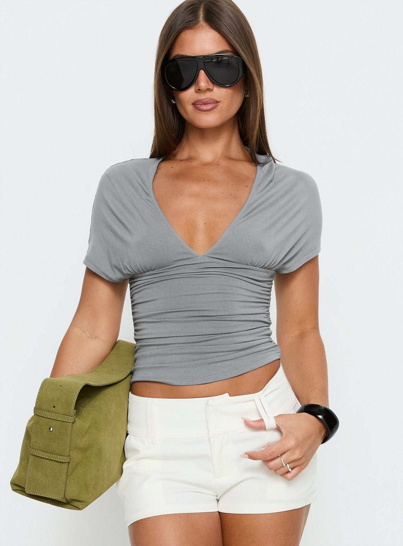 Osari Ruched Short Sleeve Jersey Top Grey