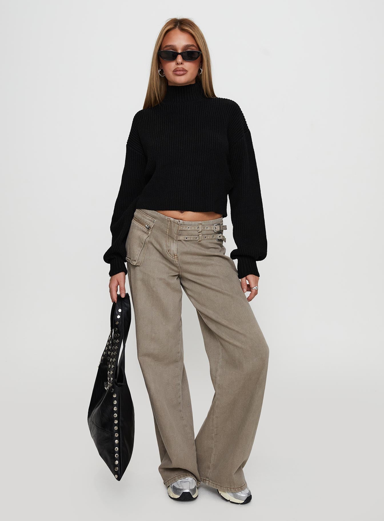 Sayge Mock Neck Knit Sweater Black