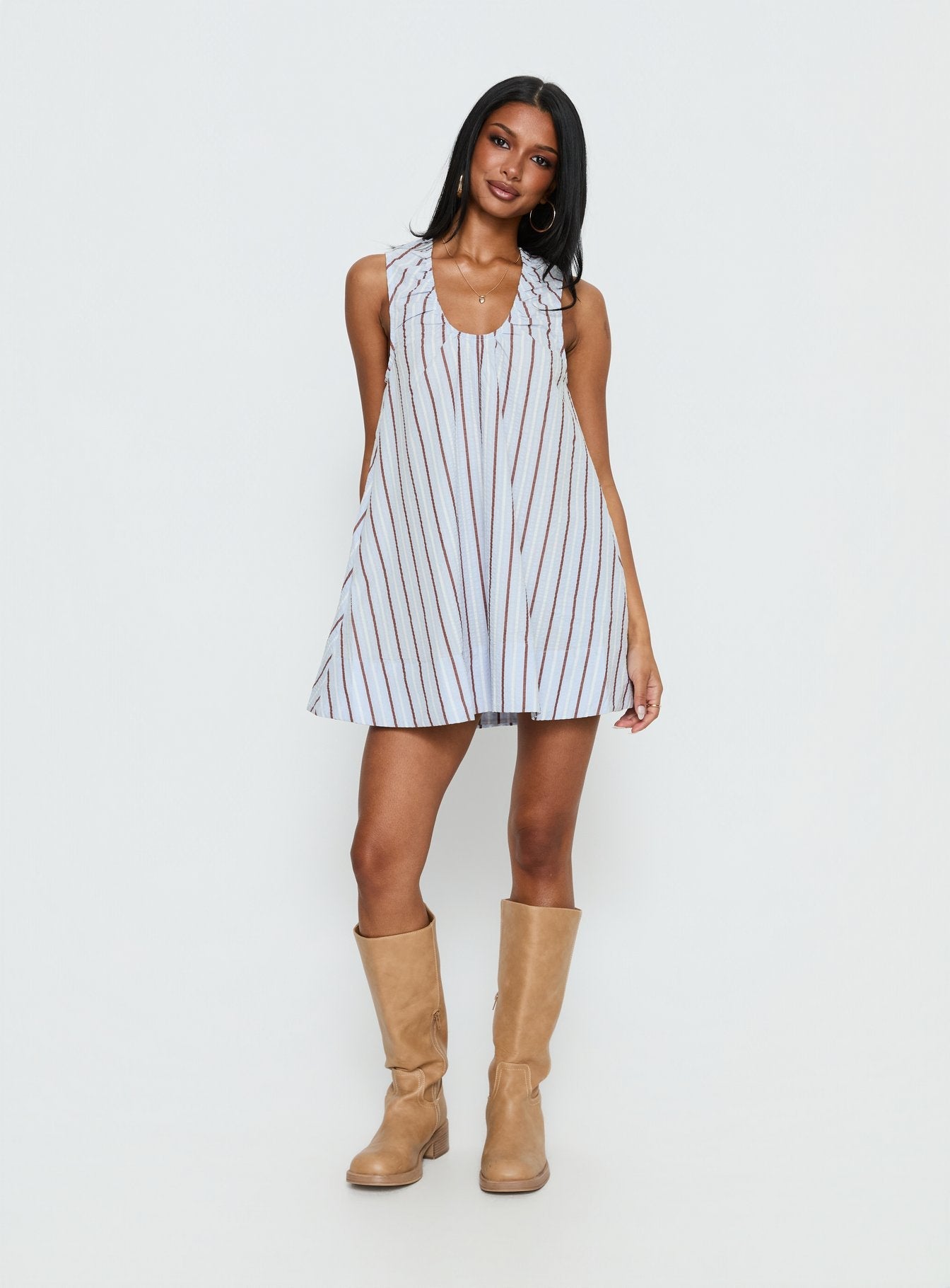 Eberta Ruched Baby Doll Mini Dress Blue Stripe