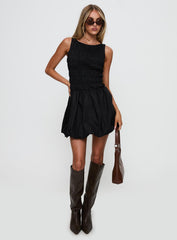 Demure Shirred Bubble Hem Mini Dress Black