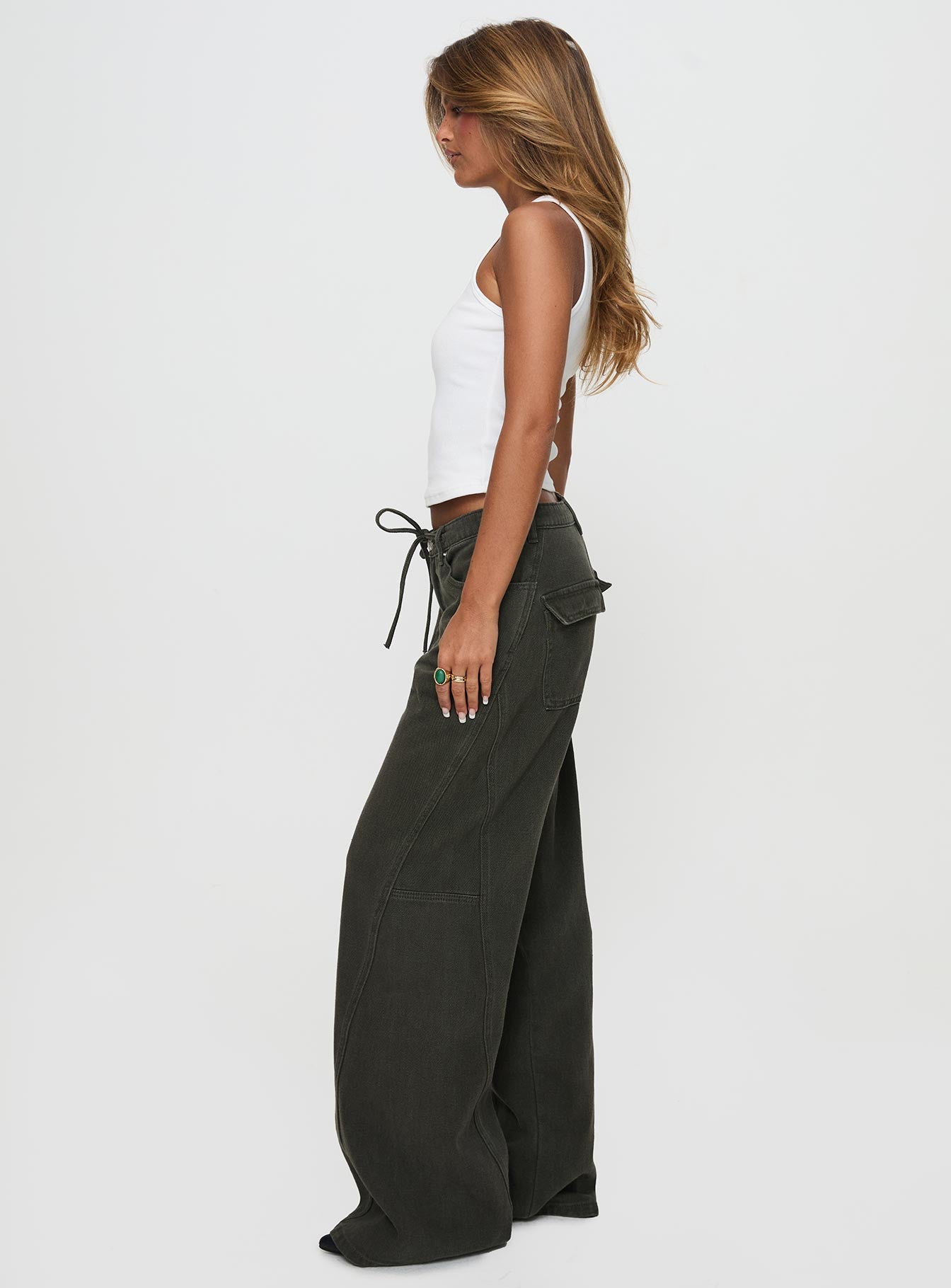 Bruiser Tie Waist Mid Rise Wide Leg Jeans Green Petite