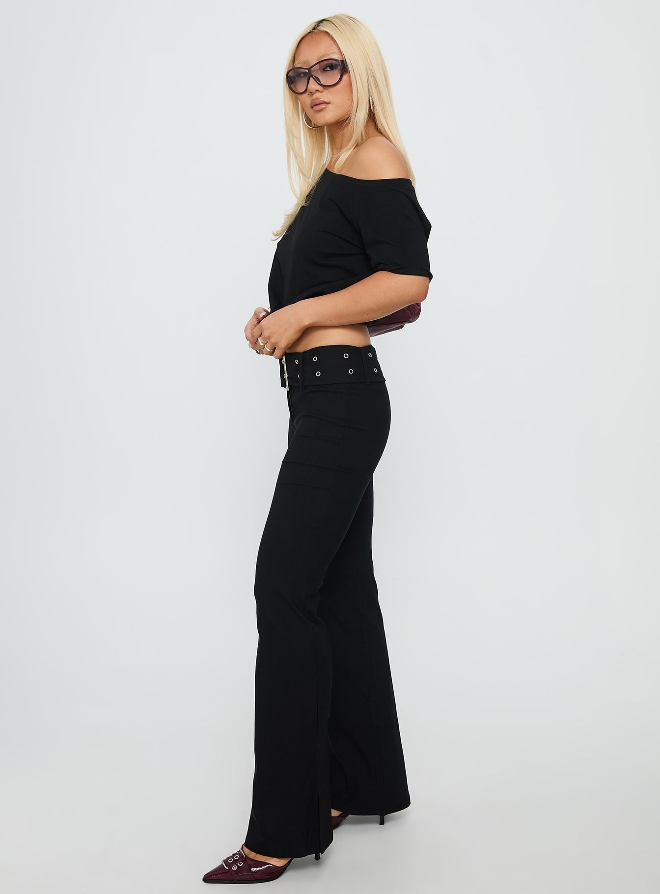 Kortnee Eyelet Detail Flare Leg Pants Black