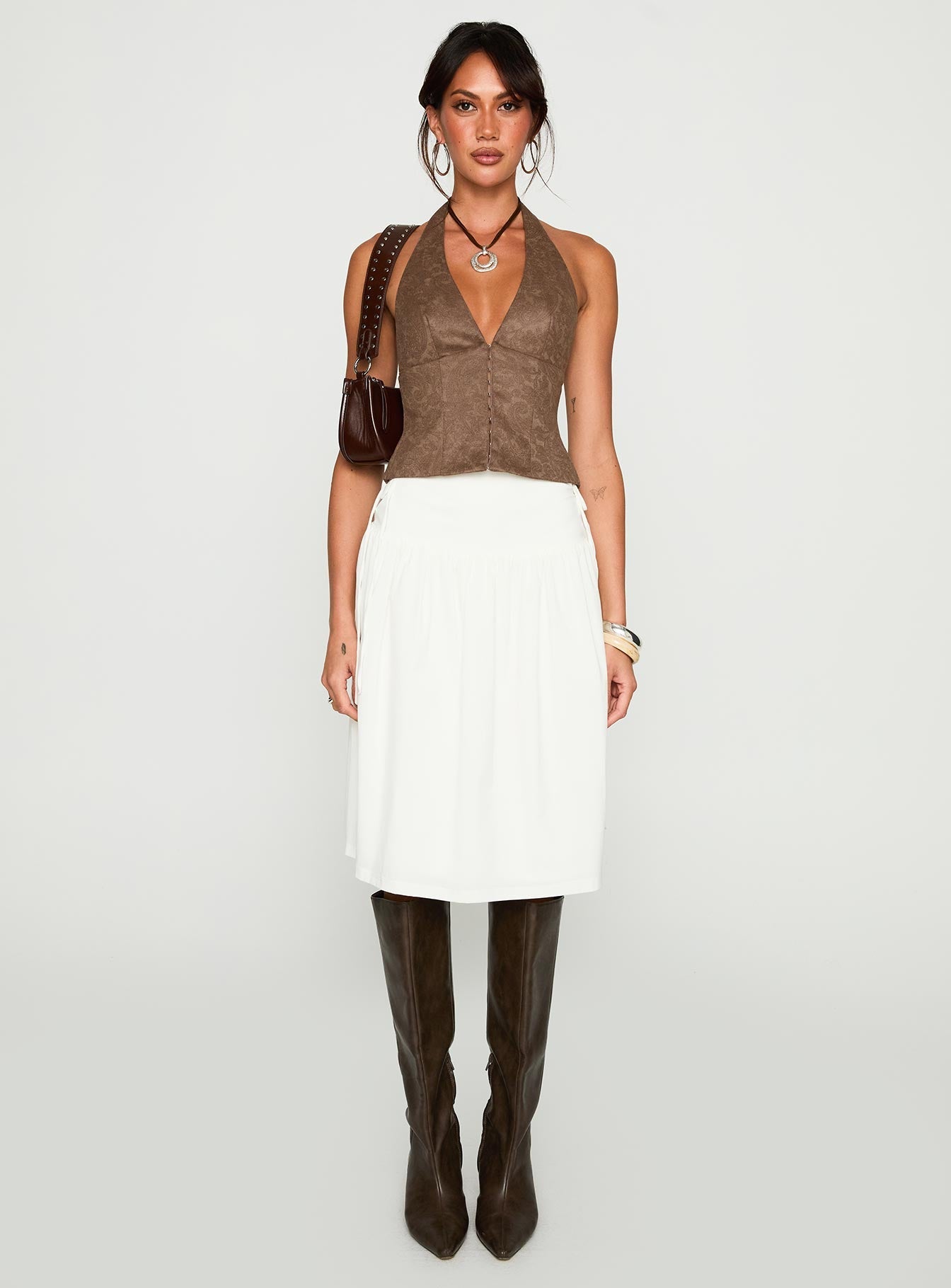 Snowflakes Tie Side Midi Skirt White