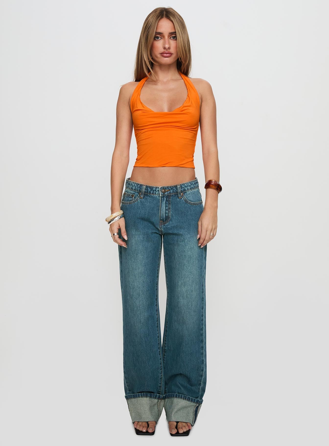 Toros Mid Rise Wide Leg Foldover Denim Jeans Mid Blue